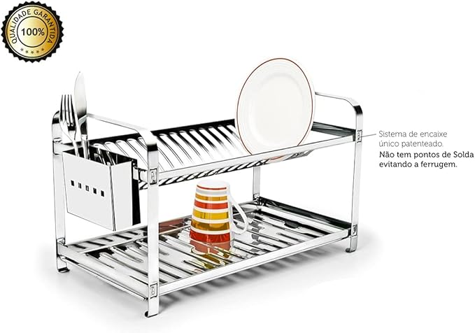 Escorredor Mak Inox Aço Inox 20 Pratos Porta Talheres Aço Inox